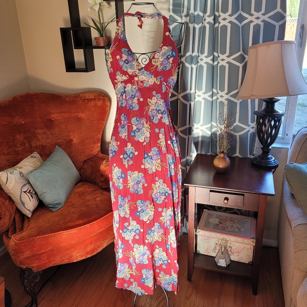 Vintage 1970s Red Floral Dress with Blouse